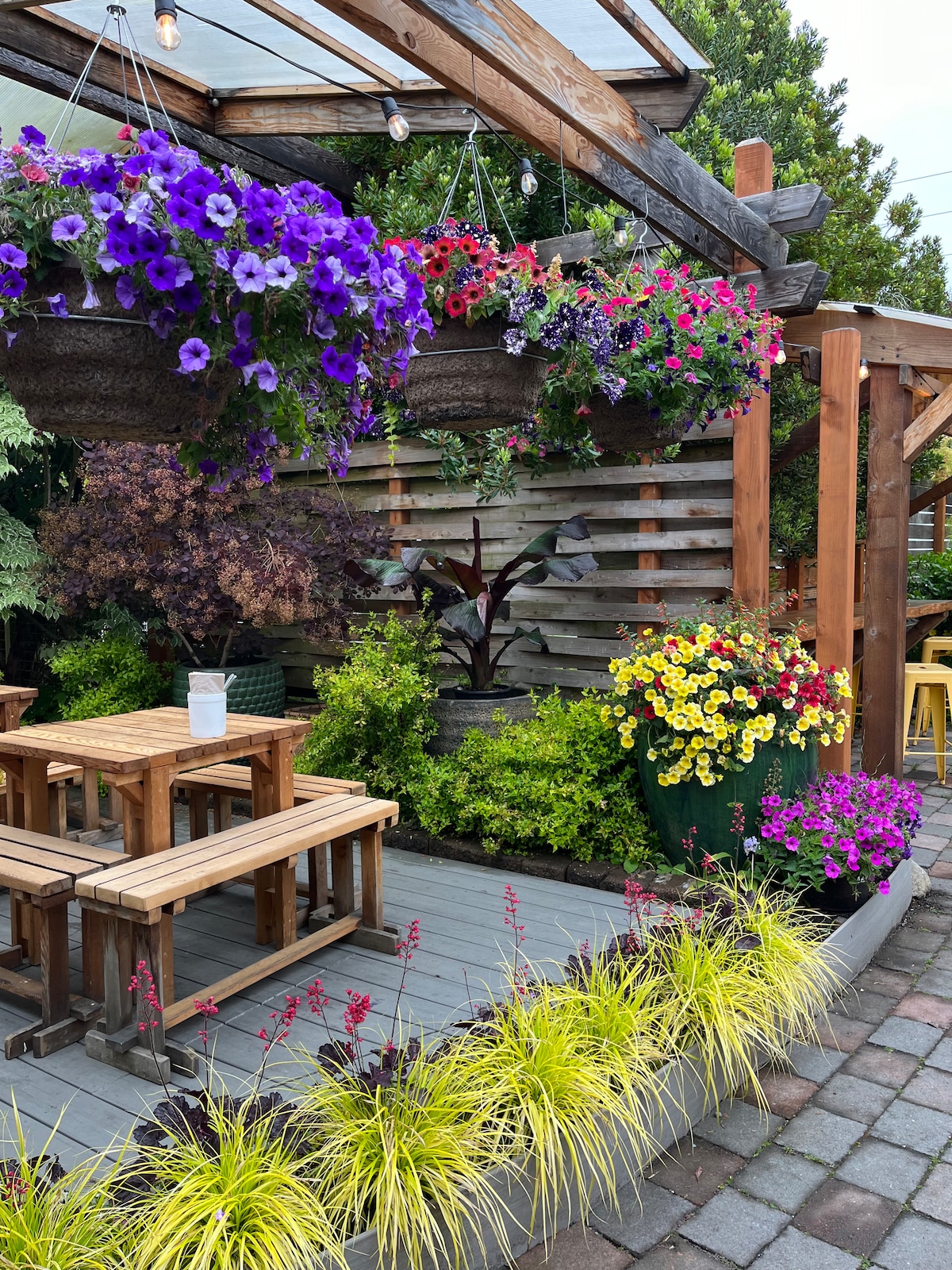 Back deck with pergola and hanging flower baskets